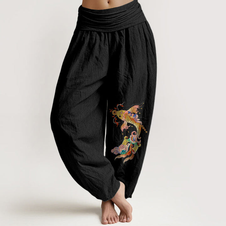 Pantaloni harem da donna con elastico in vita, motivo con pesci koi dai colori vivaci , Buddha Stones di rame e caratteri cinesi, in puro cotone - Nero - US16, UK/AU20, EU48 (3XL) - image 0