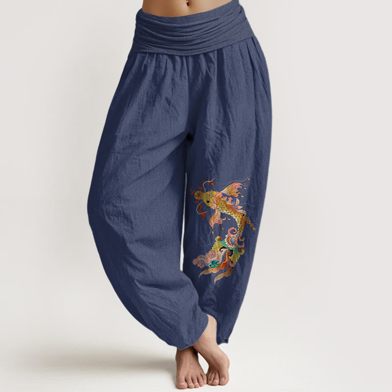 Pantaloni harem da donna con elastico in vita, motivo con pesci koi dai colori vivaci , Buddha Stones di rame e caratteri cinesi, in puro cotone - DarkSlateBlue - US16, UK/AU20, EU48 (3XL) - image 5