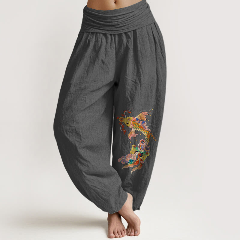 Pantaloni harem da donna con elastico in vita, motivo con pesci koi dai colori vivaci , Buddha Stones di rame e caratteri cinesi, in puro cotone - Grigio scuro - US16, UK/AU20, EU48 (3XL) - image 8