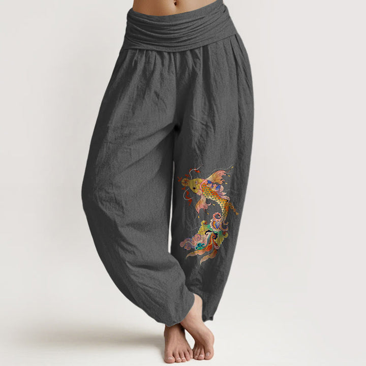 Pantaloni harem da donna con elastico in vita, motivo con pesci koi dai colori vivaci , Buddha Stones di rame e caratteri cinesi, in puro cotone - Grigio scuro - US16, UK/AU20, EU48 (3XL) - image 8