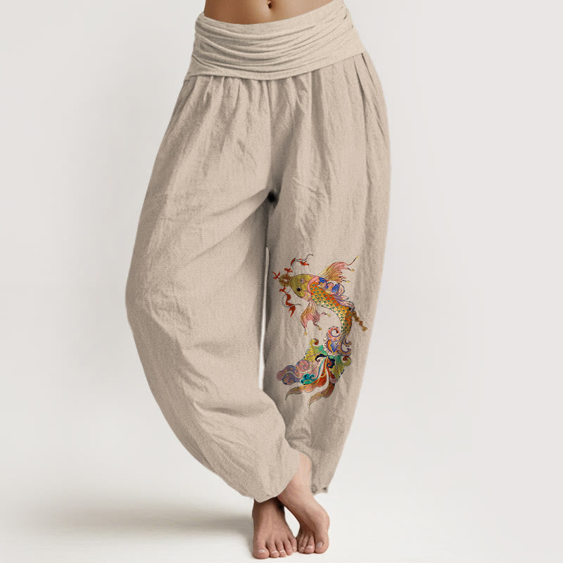 Pantaloni harem da donna con elastico in vita, motivo con pesci koi dai colori vivaci , Buddha Stones di rame e caratteri cinesi, in puro cotone - Abbronzatura - US16, UK/AU20, EU48 (3XL) - image 11