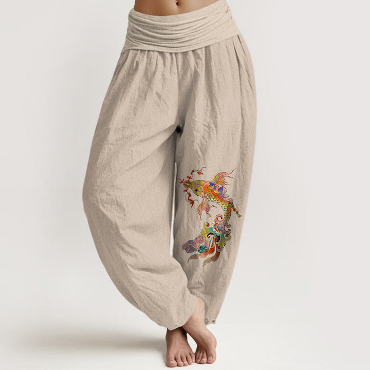 Pantaloni harem da donna con elastico in vita, motivo con pesci koi dai colori vivaci , Buddha Stones di rame e caratteri cinesi, in puro cotone - Abbronzatura - US16, UK/AU20, EU48 (3XL) - image 11