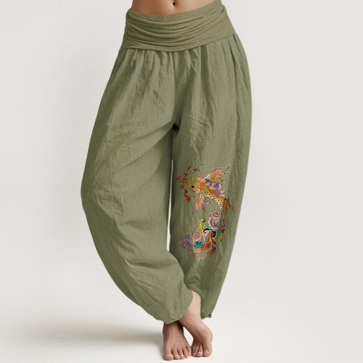 Pantaloni harem da donna con elastico in vita, motivo con pesci koi dai colori vivaci , Buddha Stones di rame e caratteri cinesi, in puro cotone - Verde oliva - US16, UK/AU20, EU48 (3XL) - image 14