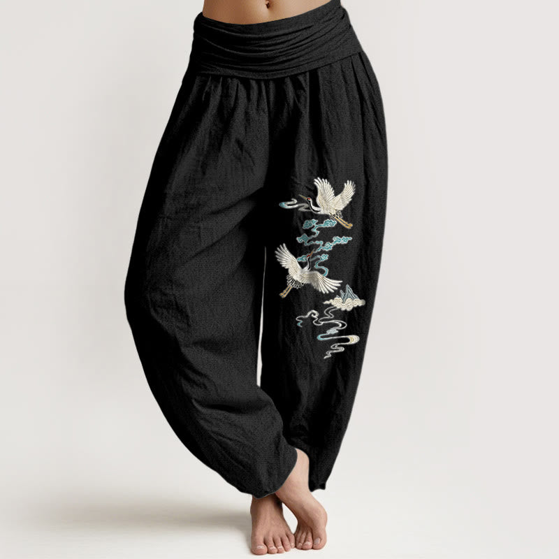 Pantaloni harem da donna con elastico in vita, modello gru nuvola montagna in puro cotone Buddha Stones - Nero - US16, UK/AU20, EU48 (3XL) - image 0