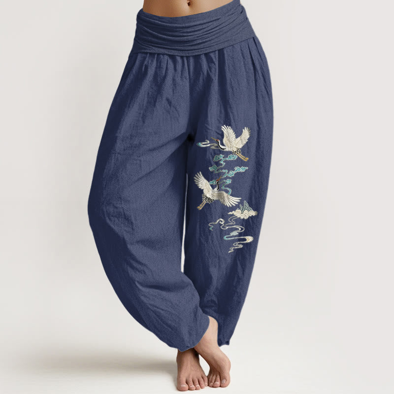 Pantaloni harem da donna con elastico in vita, modello gru nuvola montagna in puro cotone Buddha Stones - DarkSlateBlue - US16, UK/AU20, EU48 (3XL) - image 5