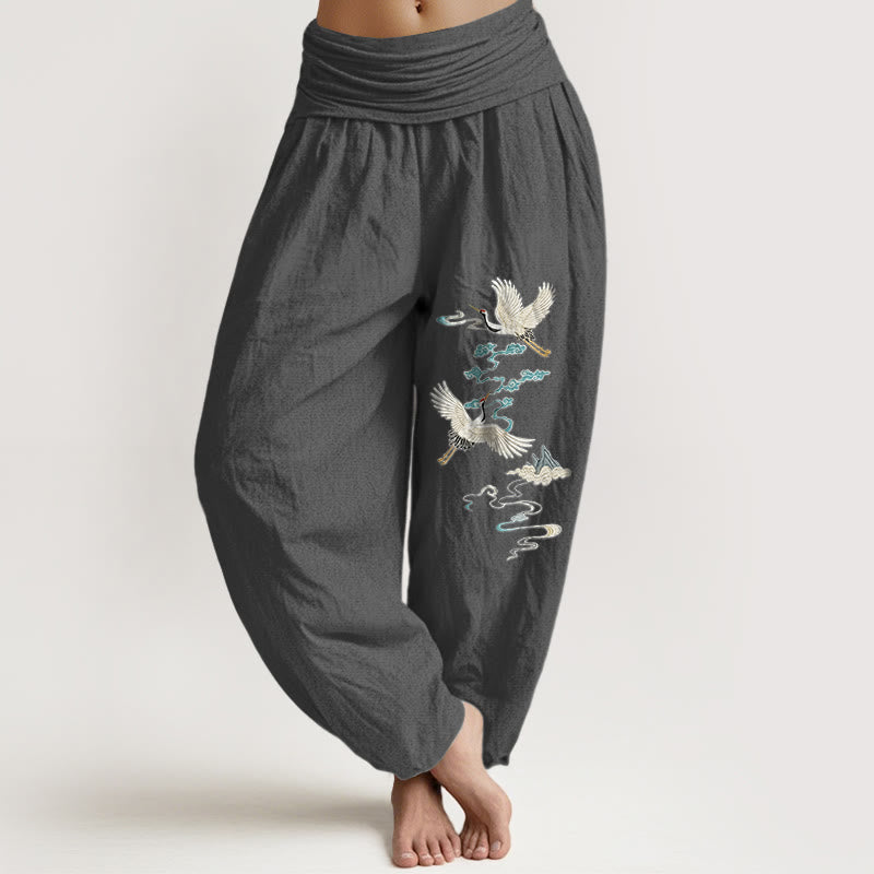 Pantaloni harem da donna con elastico in vita, modello gru nuvola montagna in puro cotone Buddha Stones - Grigio scuro - US16, UK/AU20, EU48 (3XL) - image 8