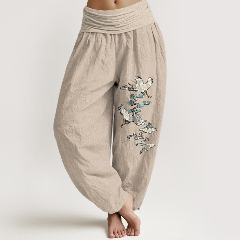 Pantaloni harem da donna con elastico in vita, modello gru nuvola montagna in puro cotone Buddha Stones - Abbronzatura - US16, UK/AU20, EU48 (3XL) - image 11