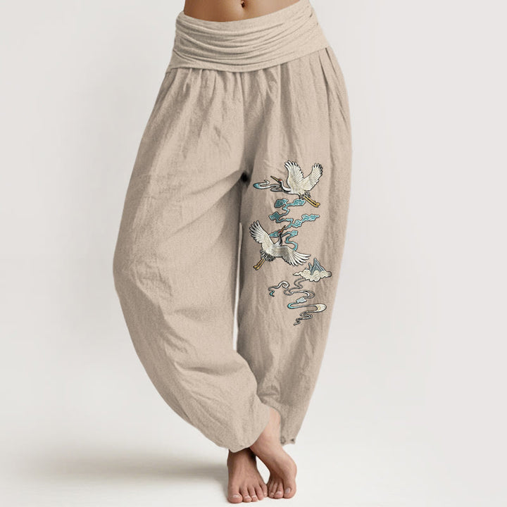 Pantaloni harem da donna con elastico in vita, modello gru nuvola montagna in puro cotone Buddha Stones - Abbronzatura - US16, UK/AU20, EU48 (3XL) - image 11