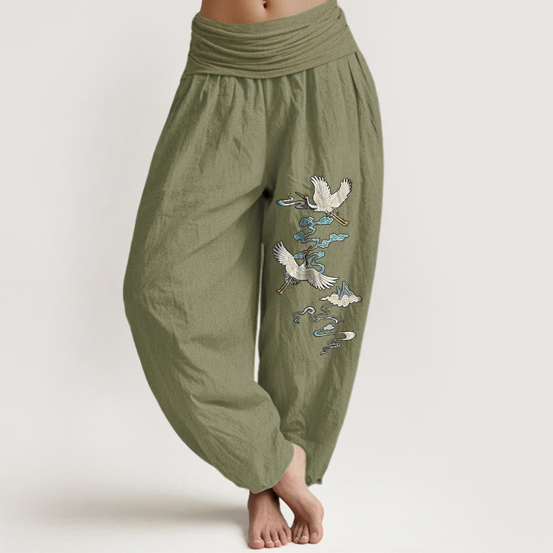 Pantaloni harem da donna con elastico in vita, modello gru nuvola montagna in puro cotone Buddha Stones - Verde oliva - US16, UK/AU20, EU48 (3XL) - image 14