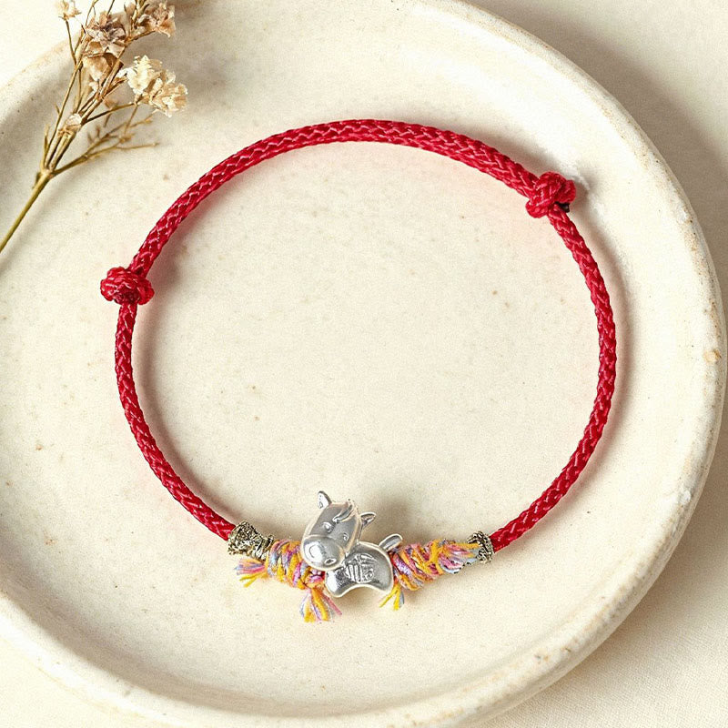 Bracciale portafortuna in corda rossa con carattere Fu, in argento sterling 999, raffigurante il cavallo alato dell'anno del cavallo Buddha Stones - image 3