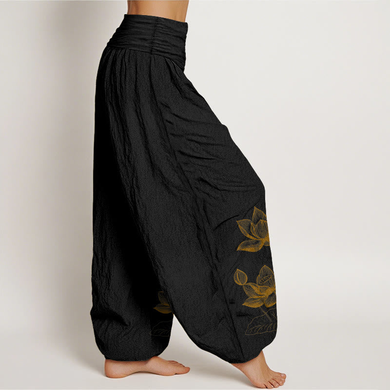 Pantaloni harem da donna con elastico in vita, in puro cotone, con motivo a fiori di loto e motivo a linee Buddha Stones - image 2