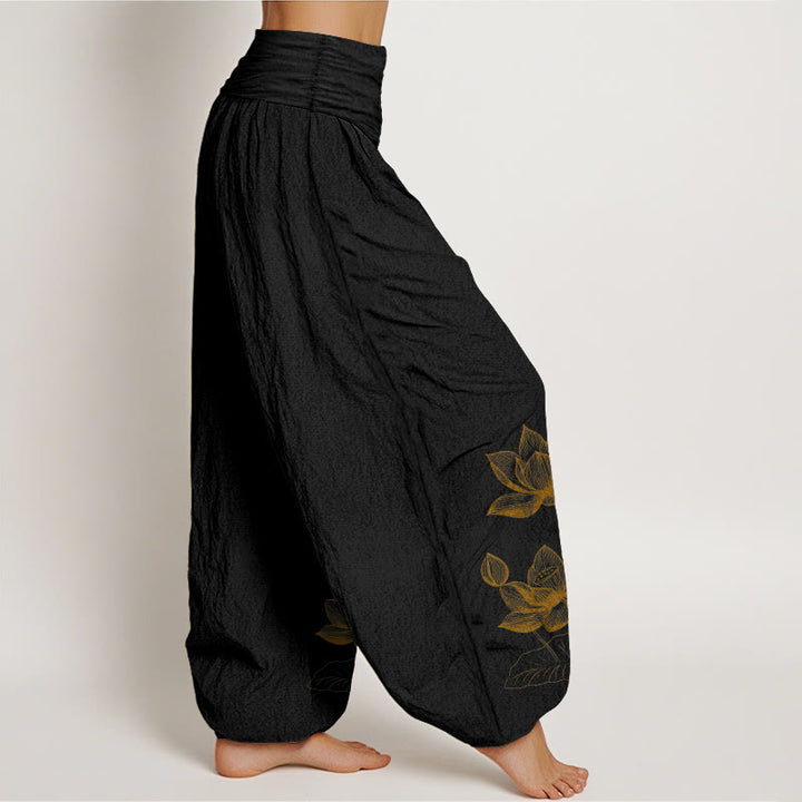 Pantaloni harem da donna con elastico in vita, in puro cotone, con motivo a fiori di loto e motivo a linee Buddha Stones - image 2