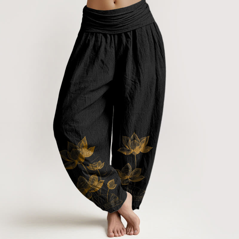 Pantaloni harem da donna con elastico in vita, in puro cotone, con motivo a fiori di loto e motivo a linee Buddha Stones - Nero - US16, UK/AU20, EU48 (3XL) - image 0