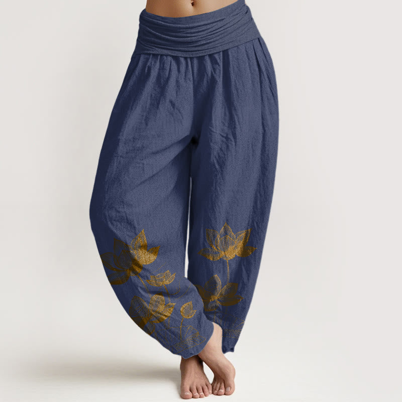 Pantaloni harem da donna con elastico in vita, in puro cotone, con motivo a fiori di loto e motivo a linee Buddha Stones - DarkSlateBlue - US16, UK/AU20, EU48 (3XL) - image 5