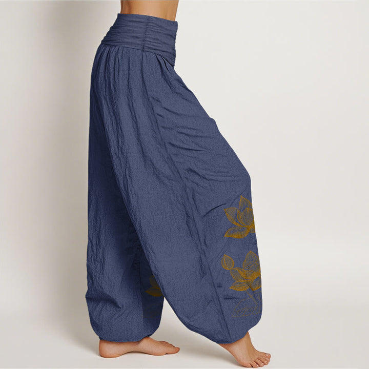 Pantaloni harem da donna con elastico in vita, in puro cotone, con motivo a fiori di loto e motivo a linee Buddha Stones - image 7