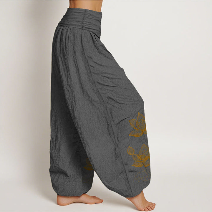 Pantaloni harem da donna con elastico in vita, in puro cotone, con motivo a fiori di loto e motivo a linee Buddha Stones - image 10