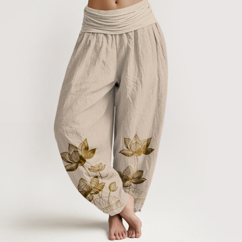 Pantaloni harem da donna con elastico in vita, in puro cotone, con motivo a fiori di loto e motivo a linee Buddha Stones - Abbronzatura - US16, UK/AU20, EU48 (3XL) - image 11