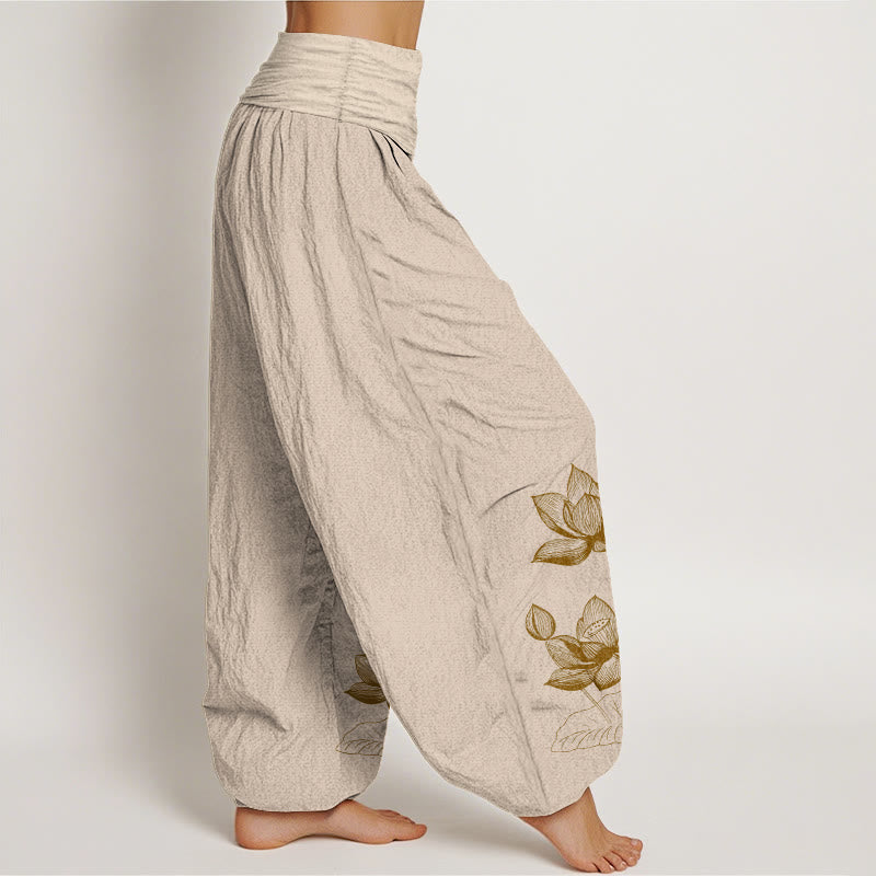 Pantaloni harem da donna con elastico in vita, in puro cotone, con motivo a fiori di loto e motivo a linee Buddha Stones - image 13
