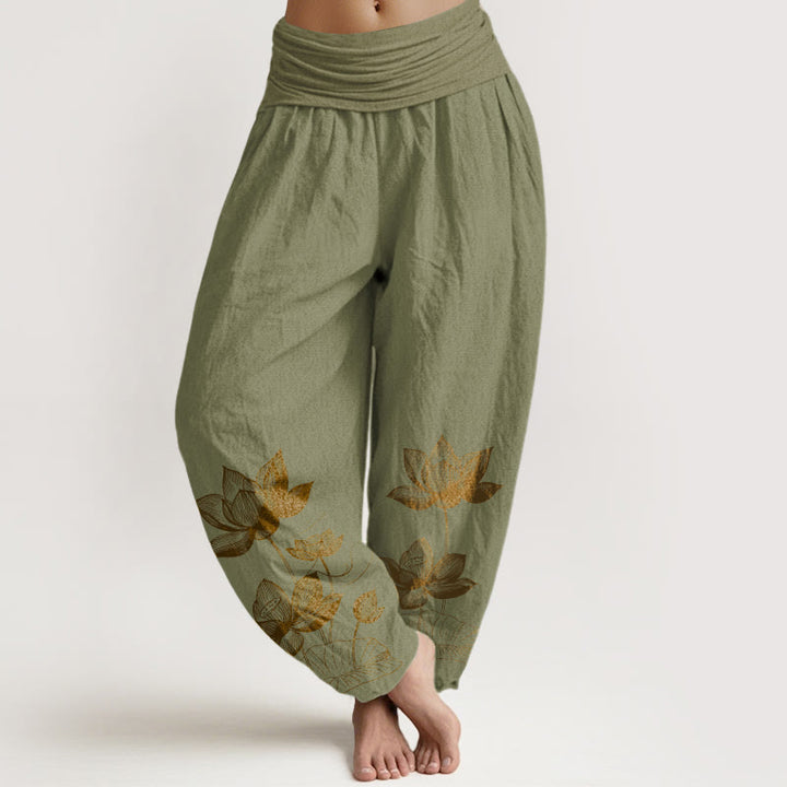Pantaloni harem da donna con elastico in vita, in puro cotone, con motivo a fiori di loto e motivo a linee Buddha Stones - Verde oliva - US16, UK/AU20, EU48 (3XL) - image 14