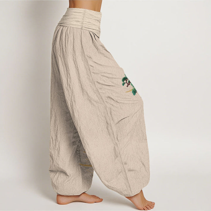 Pantaloni harem da donna con elastico in vita, modello gru e motivo pino, in puro cotone, eleganti colori Buddha Stones - image 2