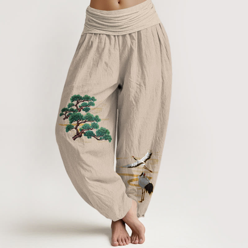 Pantaloni harem da donna con elastico in vita, modello gru e motivo pino, in puro cotone, eleganti colori Buddha Stones - Abbronzatura - US16, UK/AU20, EU48 (3XL) - image 0