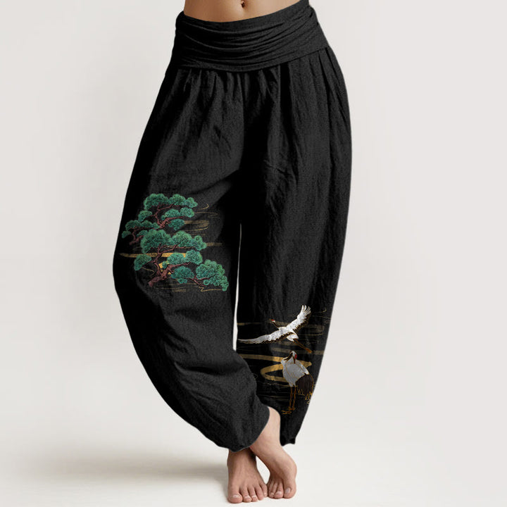 Pantaloni harem da donna con elastico in vita, modello gru e motivo pino, in puro cotone, eleganti colori Buddha Stones - Nero - US16, UK/AU20, EU48 (3XL) - image 5