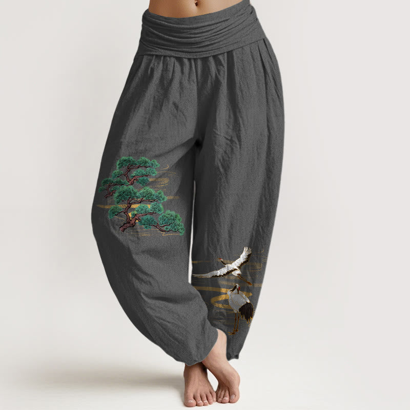 Pantaloni harem da donna con elastico in vita, modello gru e motivo pino, in puro cotone, eleganti colori Buddha Stones - Grigio scuro - US16, UK/AU20, EU48 (3XL) - image 11