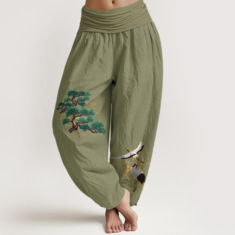 Pantaloni harem da donna con elastico in vita, modello gru e motivo pino, in puro cotone, eleganti colori Buddha Stones - Verde oliva - US16, UK/AU20, EU48 (3XL) - image 14