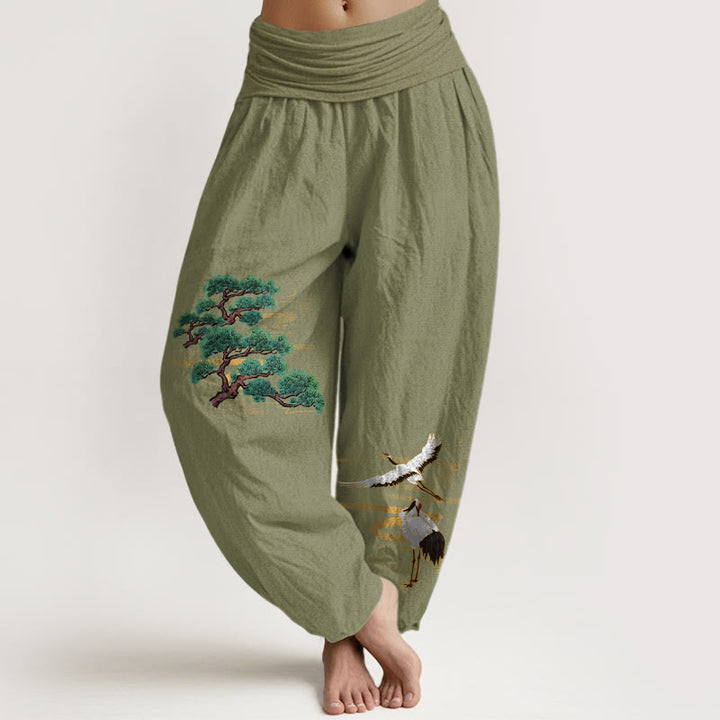 Pantaloni harem da donna con elastico in vita, modello gru e motivo pino, in puro cotone, eleganti colori Buddha Stones - Verde oliva - US16, UK/AU20, EU48 (3XL) - image 14