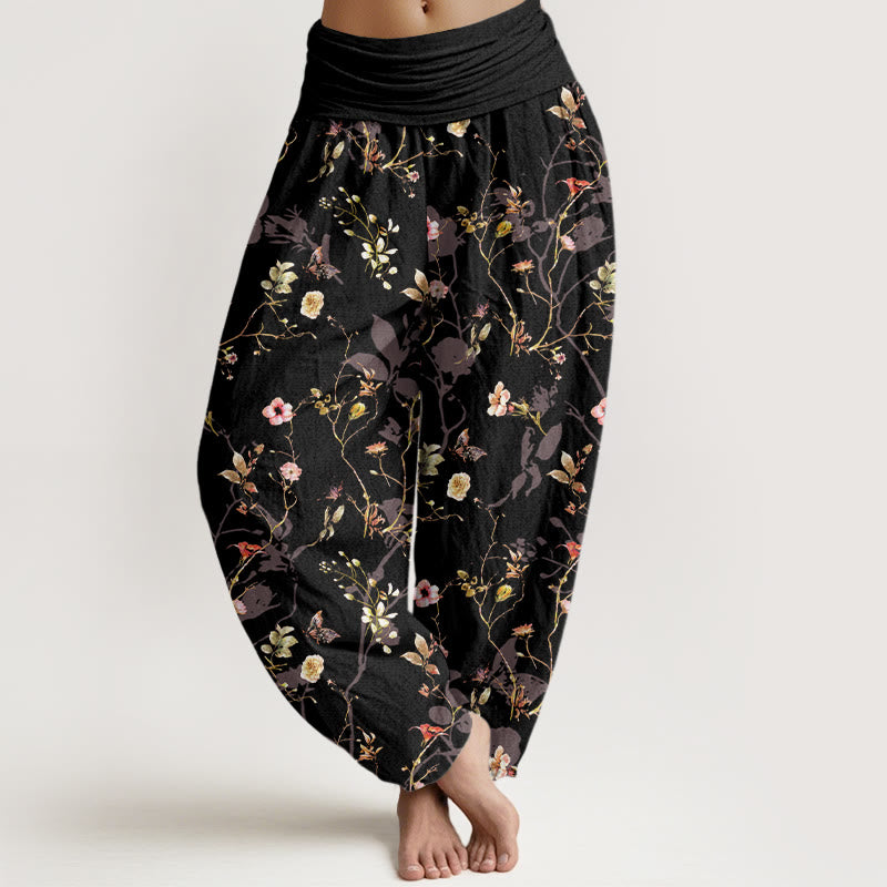 Pantaloni harem da donna con elastico in vita, motivo retrò con fiori, foglie e rami, in puro cotone, motivo Buddha Stones - Nero - US16, UK/AU20, EU48 (3XL) - image 0