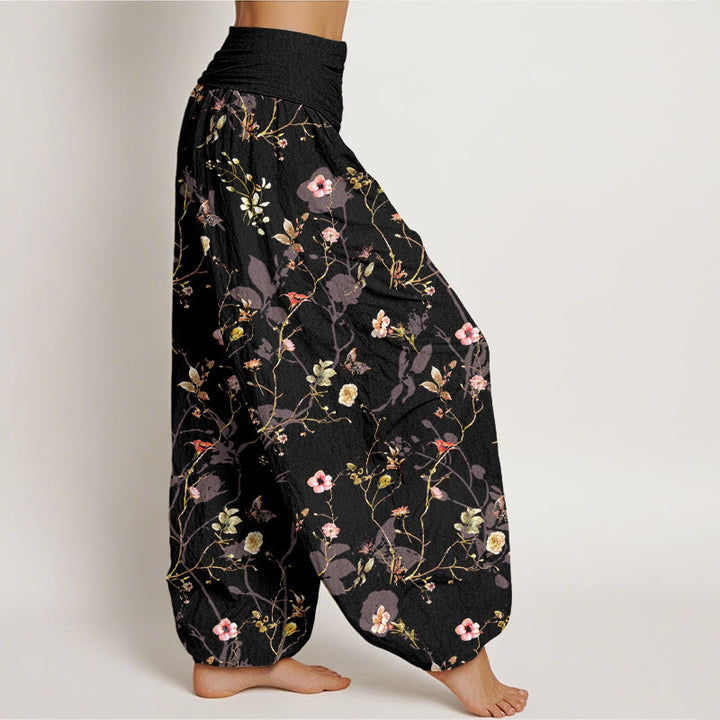 Pantaloni harem da donna con elastico in vita, motivo retrò con fiori, foglie e rami, in puro cotone, motivo Buddha Stones - image 2