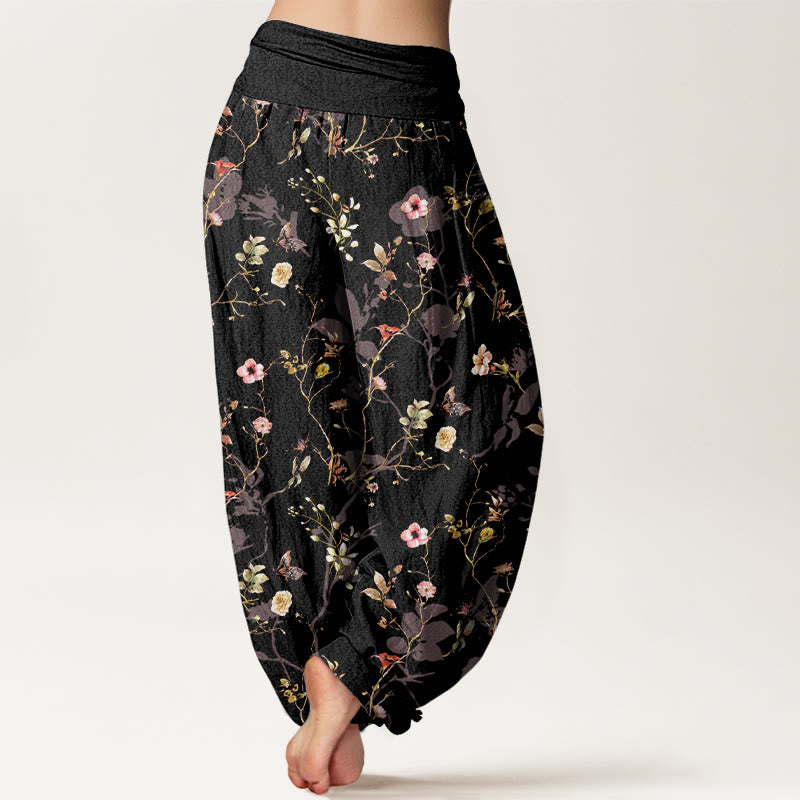 Pantaloni harem da donna con elastico in vita, motivo retrò con fiori, foglie e rami, in puro cotone, motivo Buddha Stones - image 1
