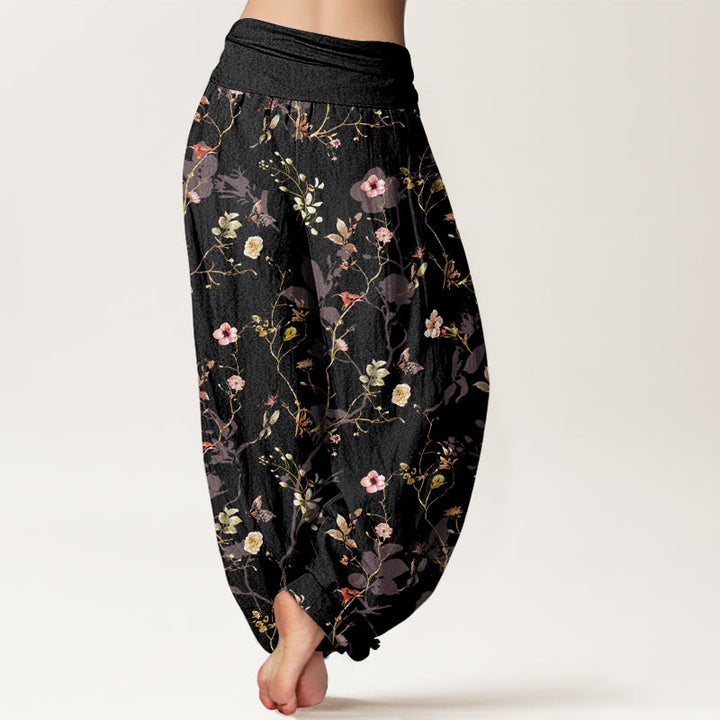 Pantaloni harem da donna con elastico in vita, motivo retrò con fiori, foglie e rami, in puro cotone, motivo Buddha Stones - image 1