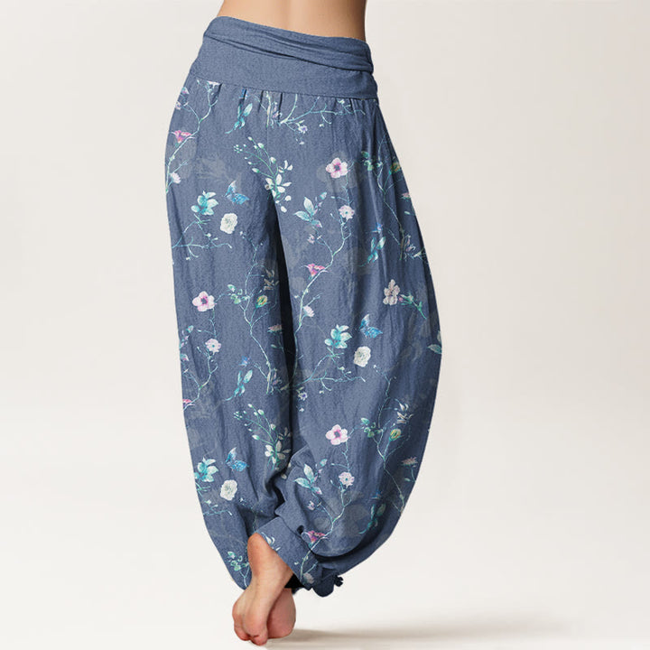 Pantaloni harem da donna con elastico in vita, motivo retrò con fiori, foglie e rami, in puro cotone, motivo Buddha Stones - image 6