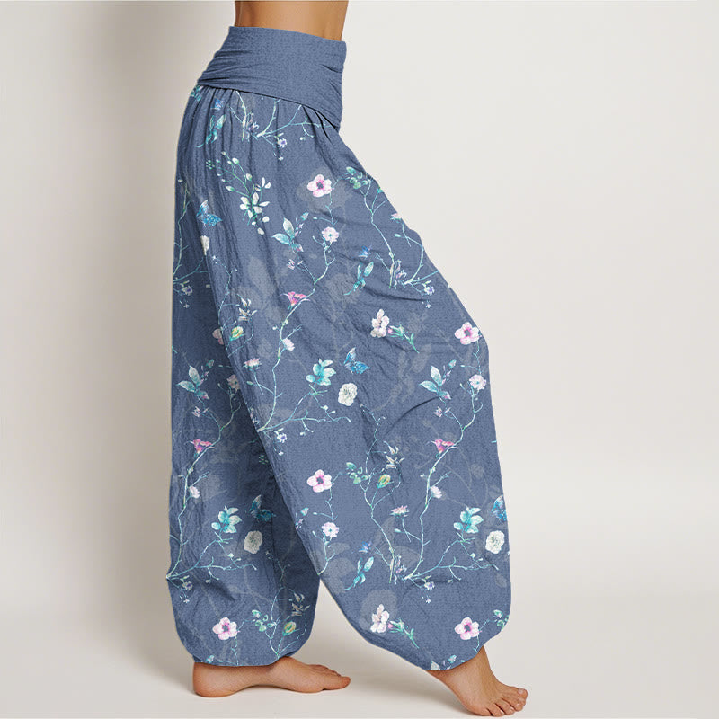 Pantaloni harem da donna con elastico in vita, motivo retrò con fiori, foglie e rami, in puro cotone, motivo Buddha Stones - image 7