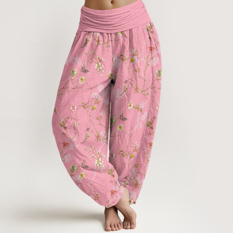 Pantaloni harem da donna con elastico in vita, motivo retrò con fiori, foglie e rami, in puro cotone, motivo Buddha Stones - Rosa caldo - US16, UK/AU20, EU48 (3XL) - image 8