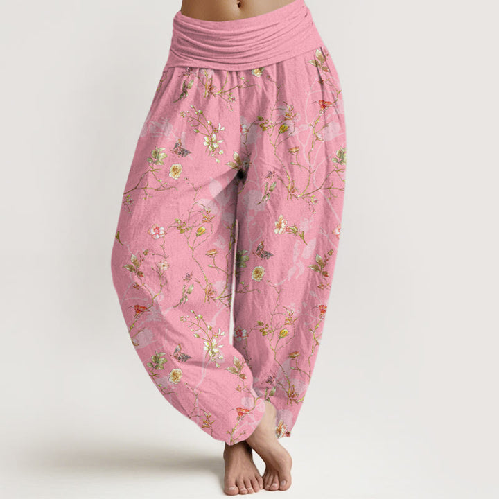 Pantaloni harem da donna con elastico in vita, motivo retrò con fiori, foglie e rami, in puro cotone, motivo Buddha Stones - Rosa caldo - US16, UK/AU20, EU48 (3XL) - image 8