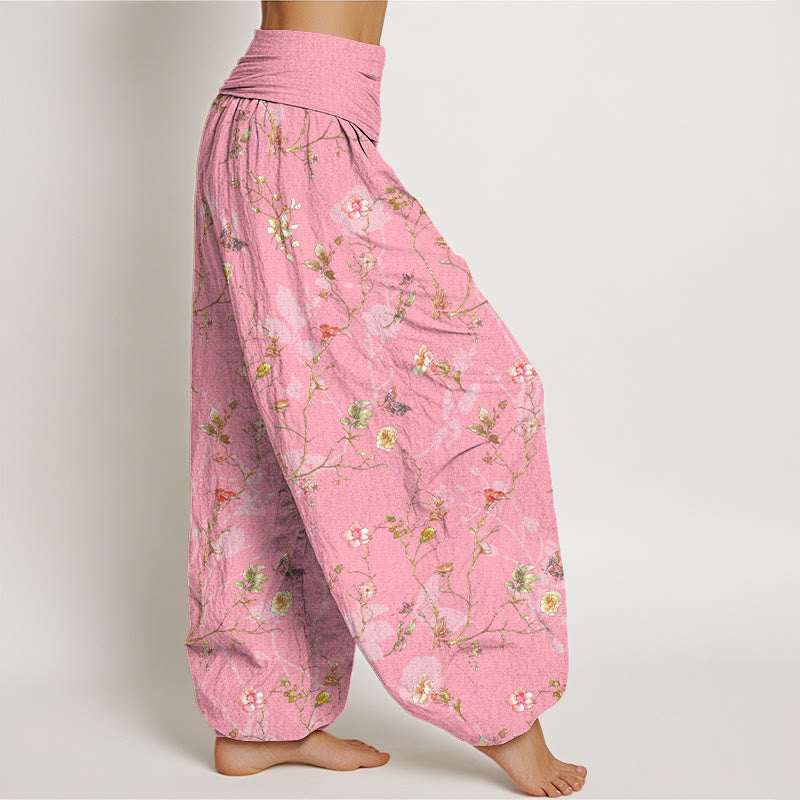 Pantaloni harem da donna con elastico in vita, motivo retrò con fiori, foglie e rami, in puro cotone, motivo Buddha Stones - image 10