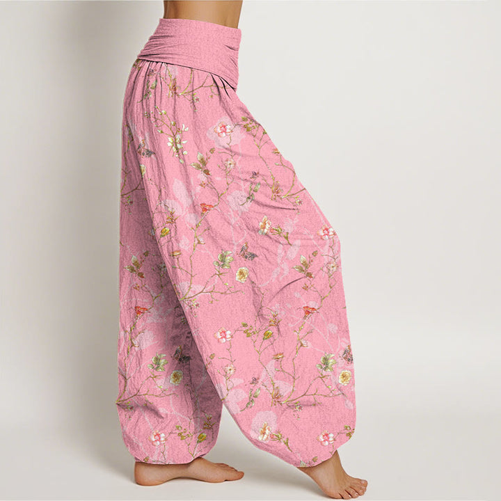 Pantaloni harem da donna con elastico in vita, motivo retrò con fiori, foglie e rami, in puro cotone, motivo Buddha Stones - image 10