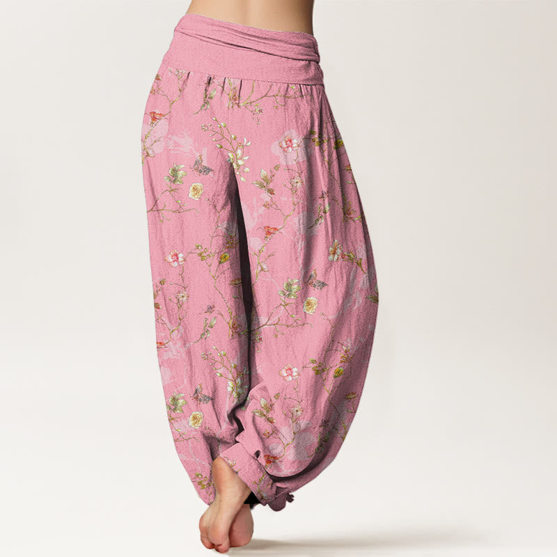 Pantaloni harem da donna con elastico in vita, motivo retrò con fiori, foglie e rami, in puro cotone, motivo Buddha Stones - image 9