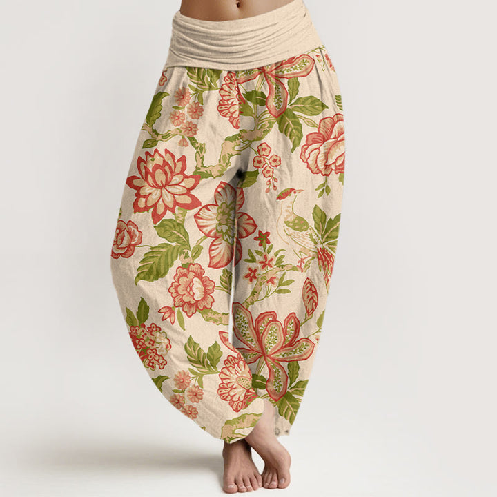 Pantaloni harem da donna con elastico in vita, in puro cotone, con motivo a fiori, foglie, rami e uccelli, motivo Buddha Stones - LemonChiffon - US16, UK/AU20, EU48 (3XL) - image 0