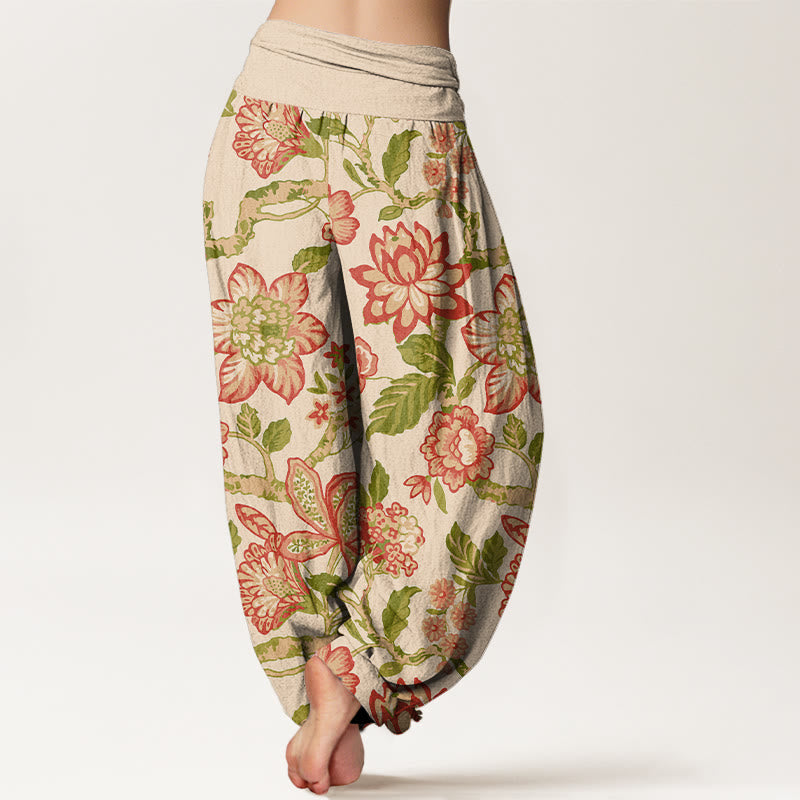 Pantaloni harem da donna con elastico in vita, in puro cotone, con motivo a fiori, foglie, rami e uccelli, motivo Buddha Stones - image 1
