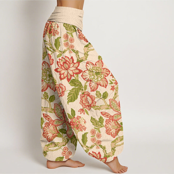 Pantaloni harem da donna con elastico in vita, in puro cotone, con motivo a fiori, foglie, rami e uccelli, motivo Buddha Stones - image 2