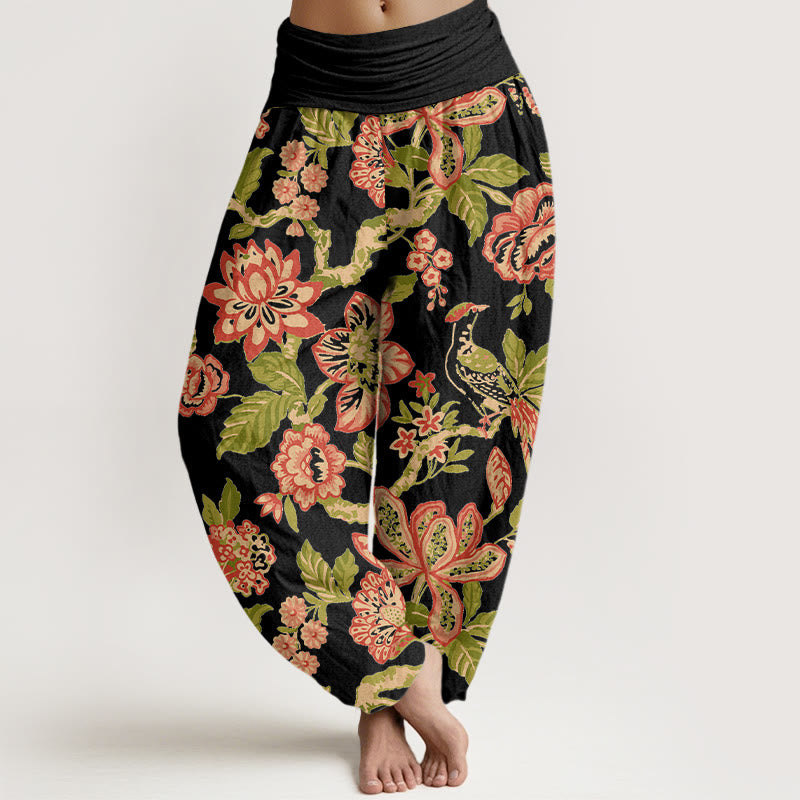 Pantaloni harem da donna con elastico in vita, in puro cotone, con motivo a fiori, foglie, rami e uccelli, motivo Buddha Stones - Nero - US16, UK/AU20, EU48 (3XL) - image 5