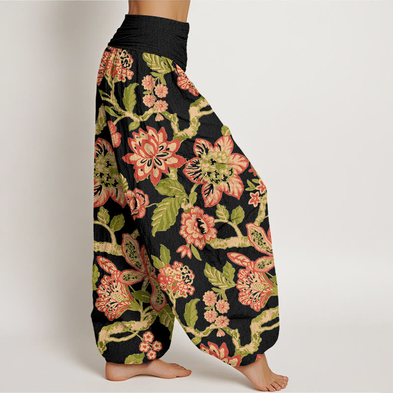 Pantaloni harem da donna con elastico in vita, in puro cotone, con motivo a fiori, foglie, rami e uccelli, motivo Buddha Stones - image 7