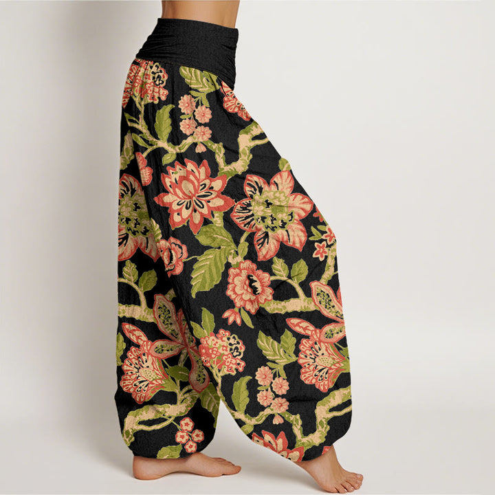 Pantaloni harem da donna con elastico in vita, in puro cotone, con motivo a fiori, foglie, rami e uccelli, motivo Buddha Stones - image 7