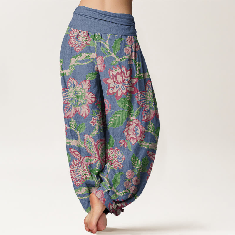 Pantaloni harem da donna con elastico in vita, in puro cotone, con motivo a fiori, foglie, rami e uccelli, motivo Buddha Stones - image 9