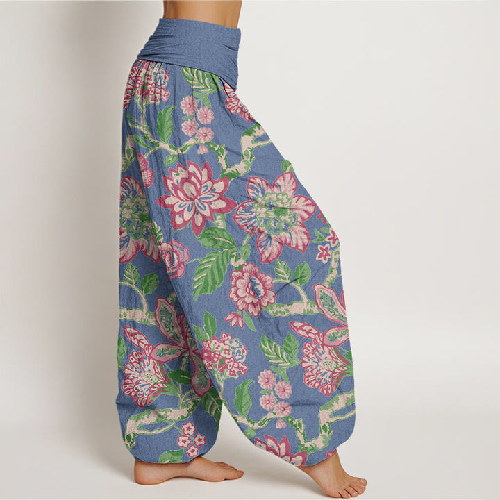 Pantaloni harem da donna con elastico in vita, in puro cotone, con motivo a fiori, foglie, rami e uccelli, motivo Buddha Stones - image 10