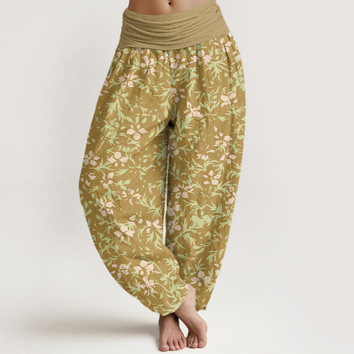 Pantaloni harem da donna con elastico in vita, in puro cotone, con motivo astratto di fiori e foglie, motivo Buddha Stones - Verga d'oro - US16, UK/AU20, EU48 (3XL) - image 0