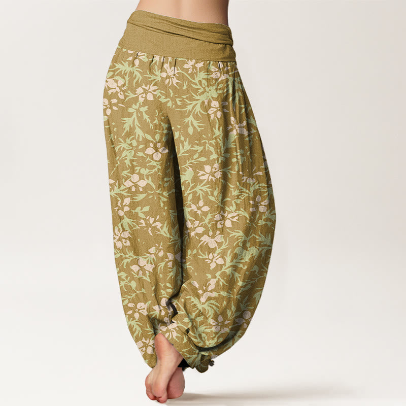 Pantaloni harem da donna con elastico in vita, in puro cotone, con motivo astratto di fiori e foglie, motivo Buddha Stones - image 1
